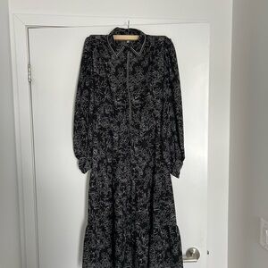 Max Studio Black Floral Long-Sleeve Tiered Midi Dress